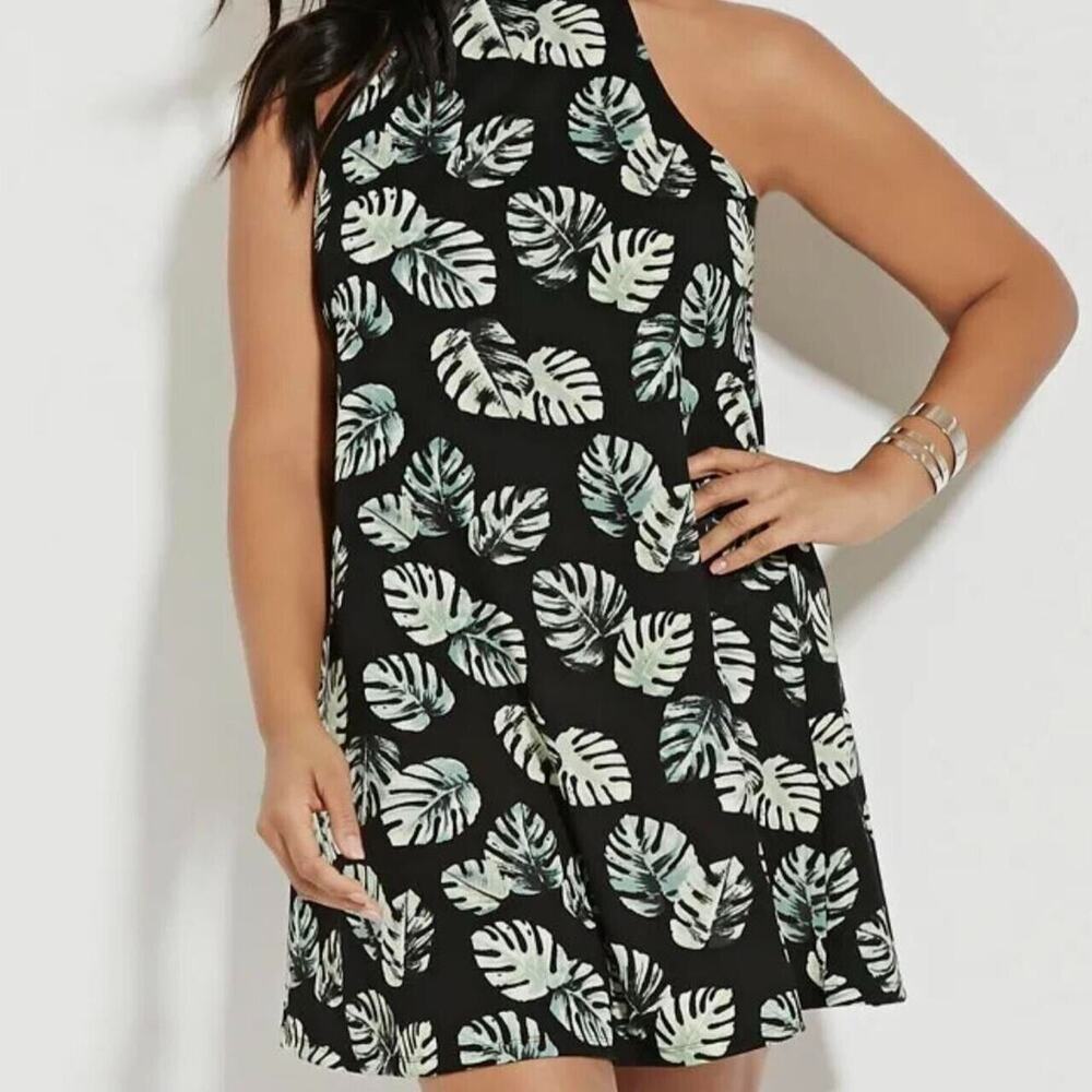 Forever 21+ Plus Black Palm Leaf Sundress Sz 0X 14W Sleeveless Short NEW
